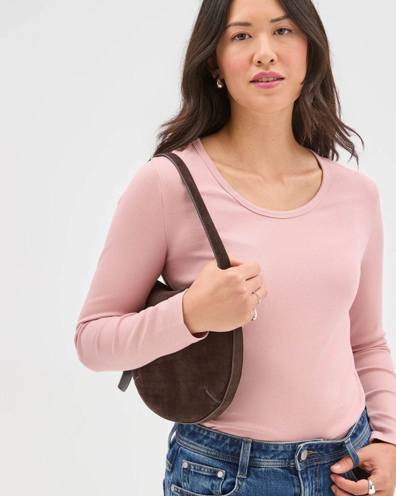 Australian Cotton Long Sleeve Scoop Neck Rib T-Shirt - Soft Blush 4 of 5