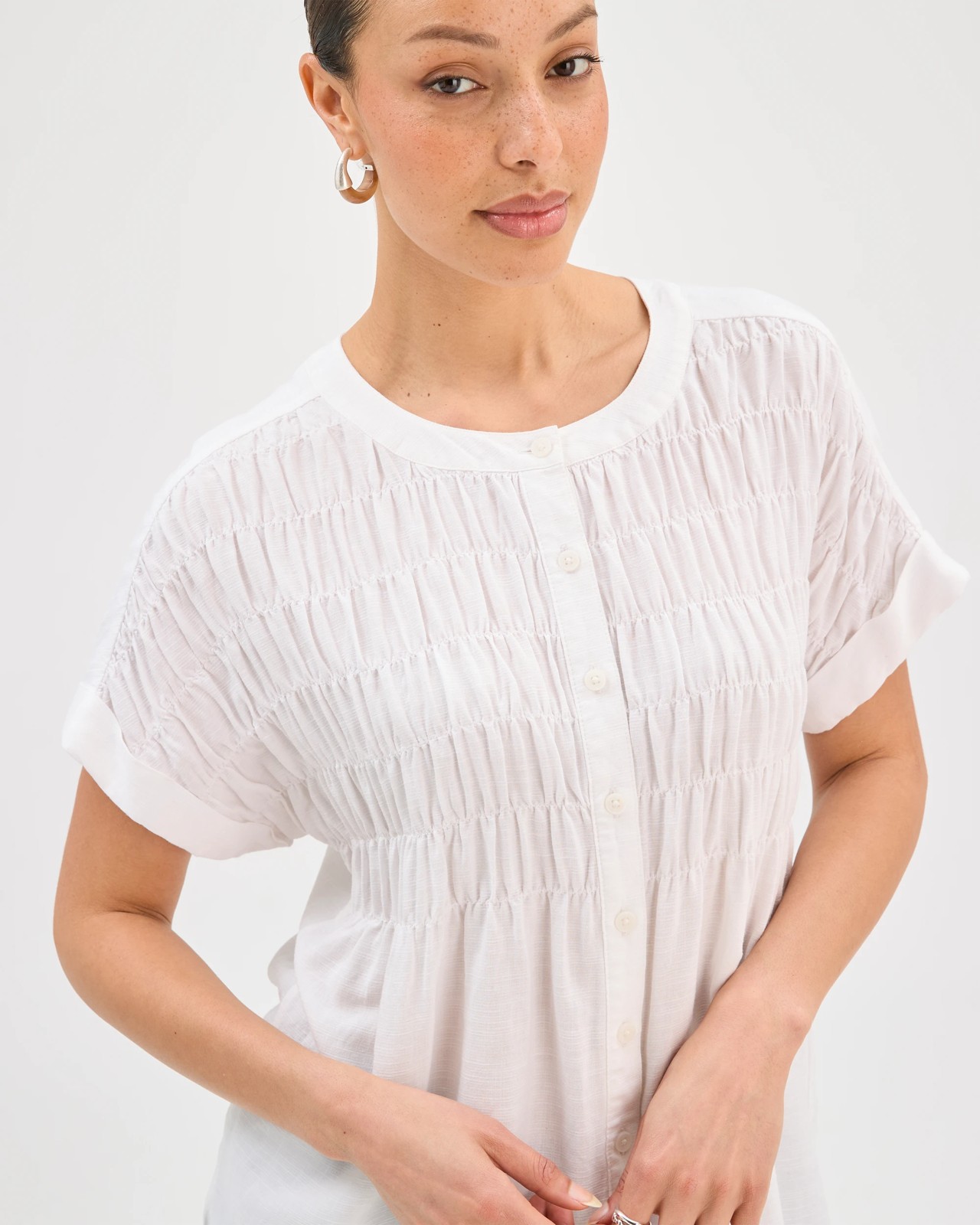 Short Sleeve Shirred Button Through Top - White 3 of 5