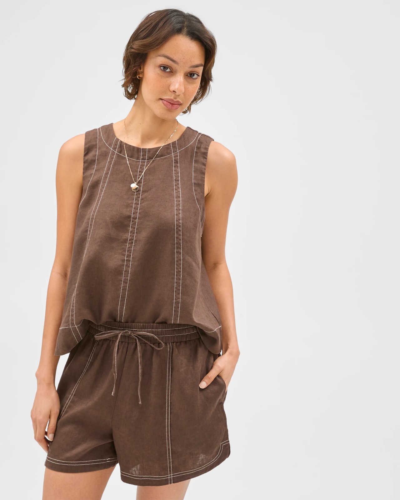 European Linen Contrast Stitch Shorts - Coffee Bean 4 of 5
