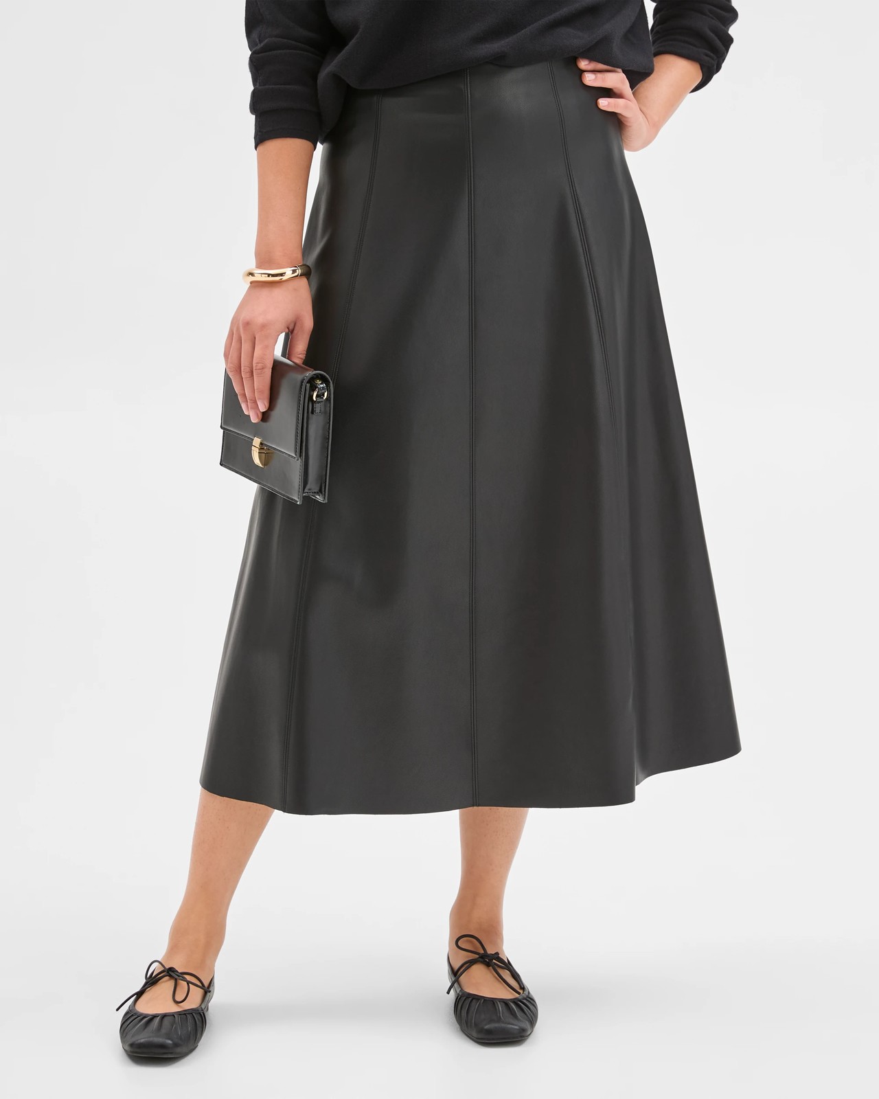 Preview PU Panel A-Line Midi Skirt - Black 3 of 6