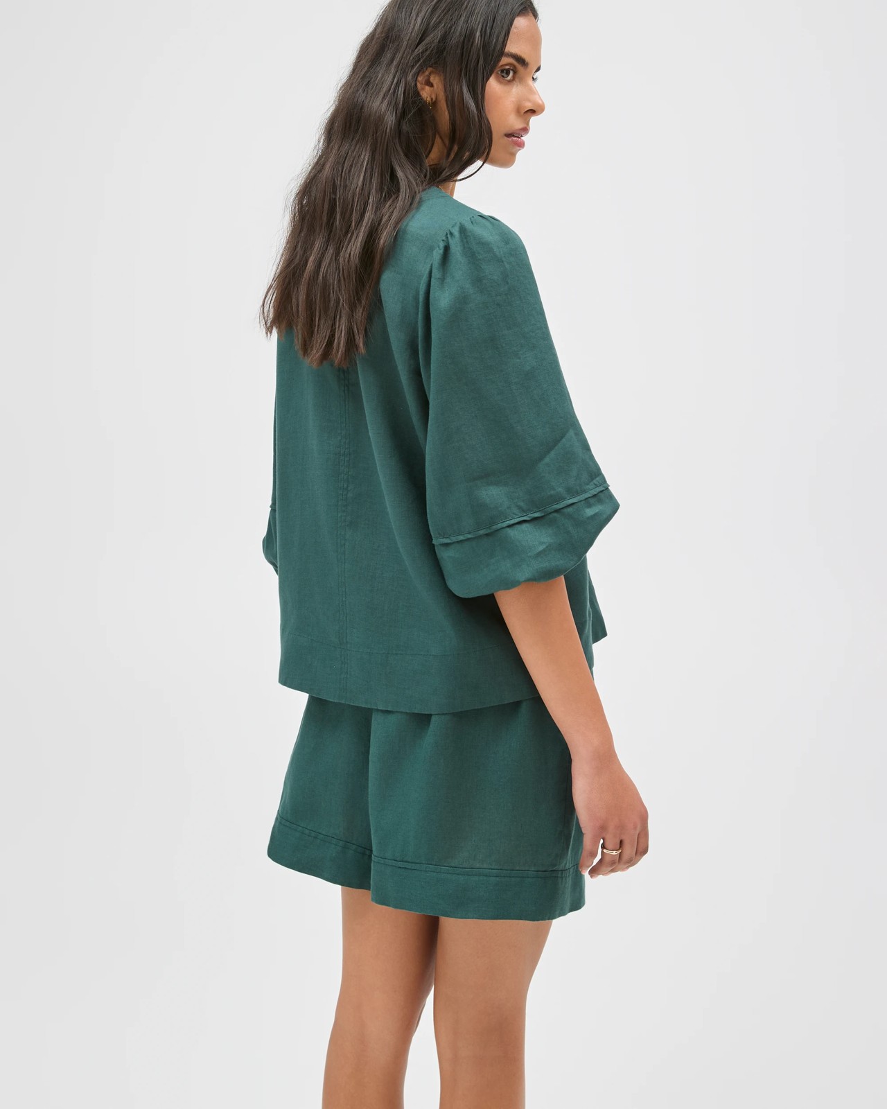 European Linen 3/4 Sleeve Femme Popover Blouse - Deep Forest 6 of 6