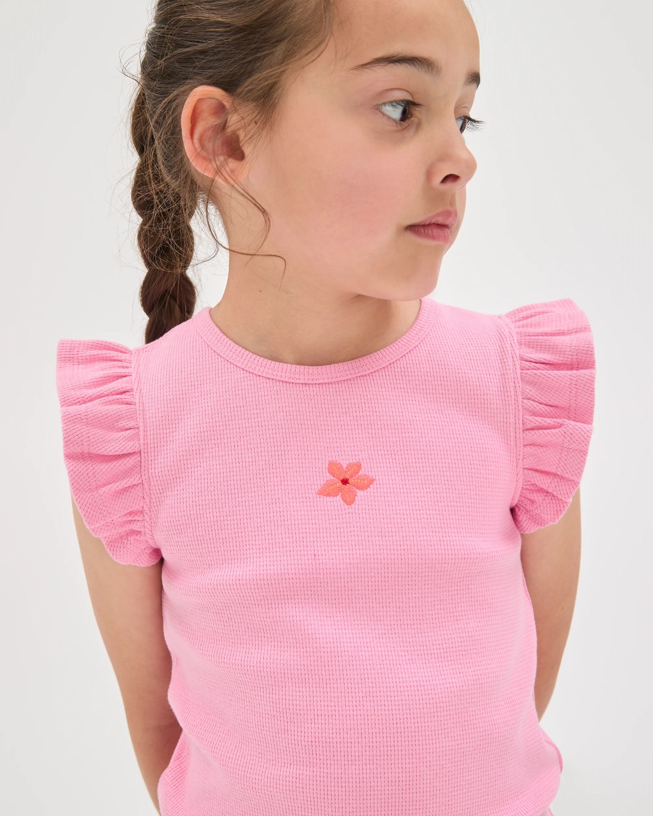 Australian Cotton Ruffle Sleeve Rib Tank Top - Pink Embroidery 3 of 6