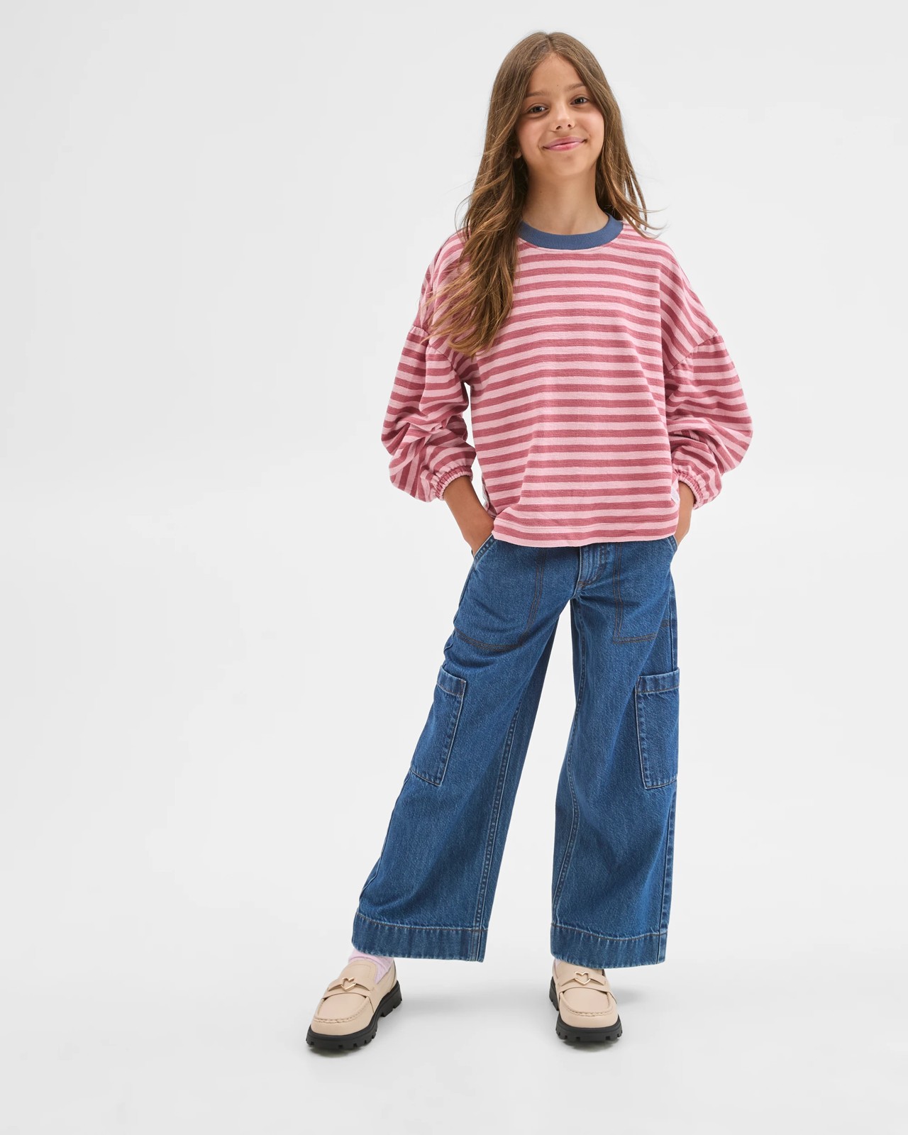 Australian Cotton Long Balloon Sleeve Striped T-Shirt - Dusty Pink 2 of 6