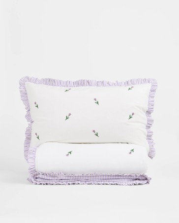 Tulip Embroidered Ruffle Kids Quilt Cover Set