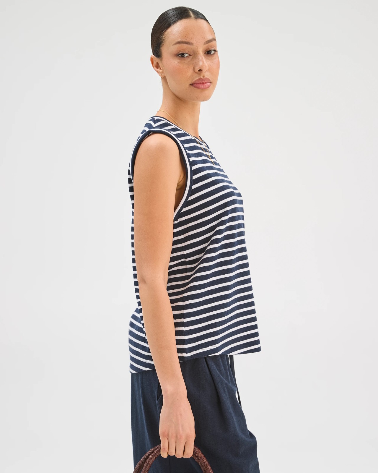 Australian Cotton Textured Tank Top - Ink Navy White Stripe 5 of 5