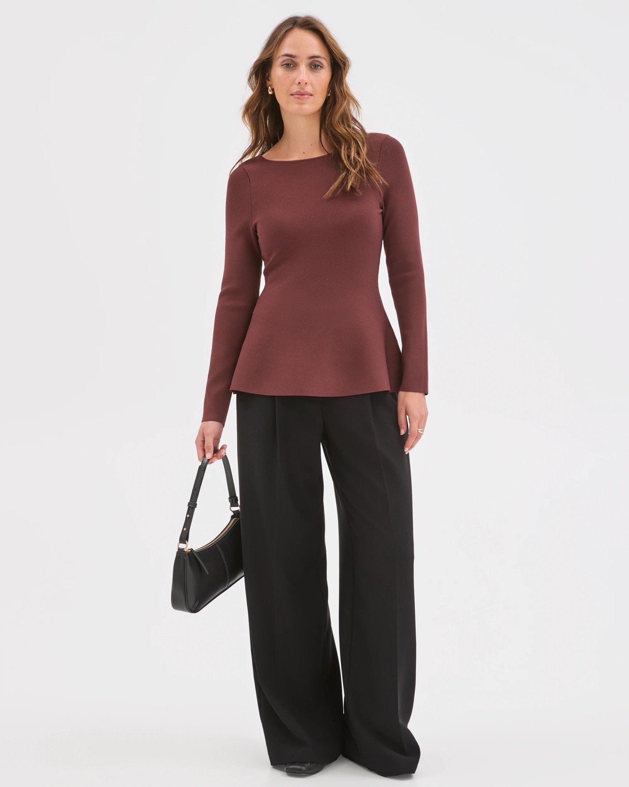 Preview Long Sleeve Peplum Crepe Knit Top - Dark Chocolate 2 of 5