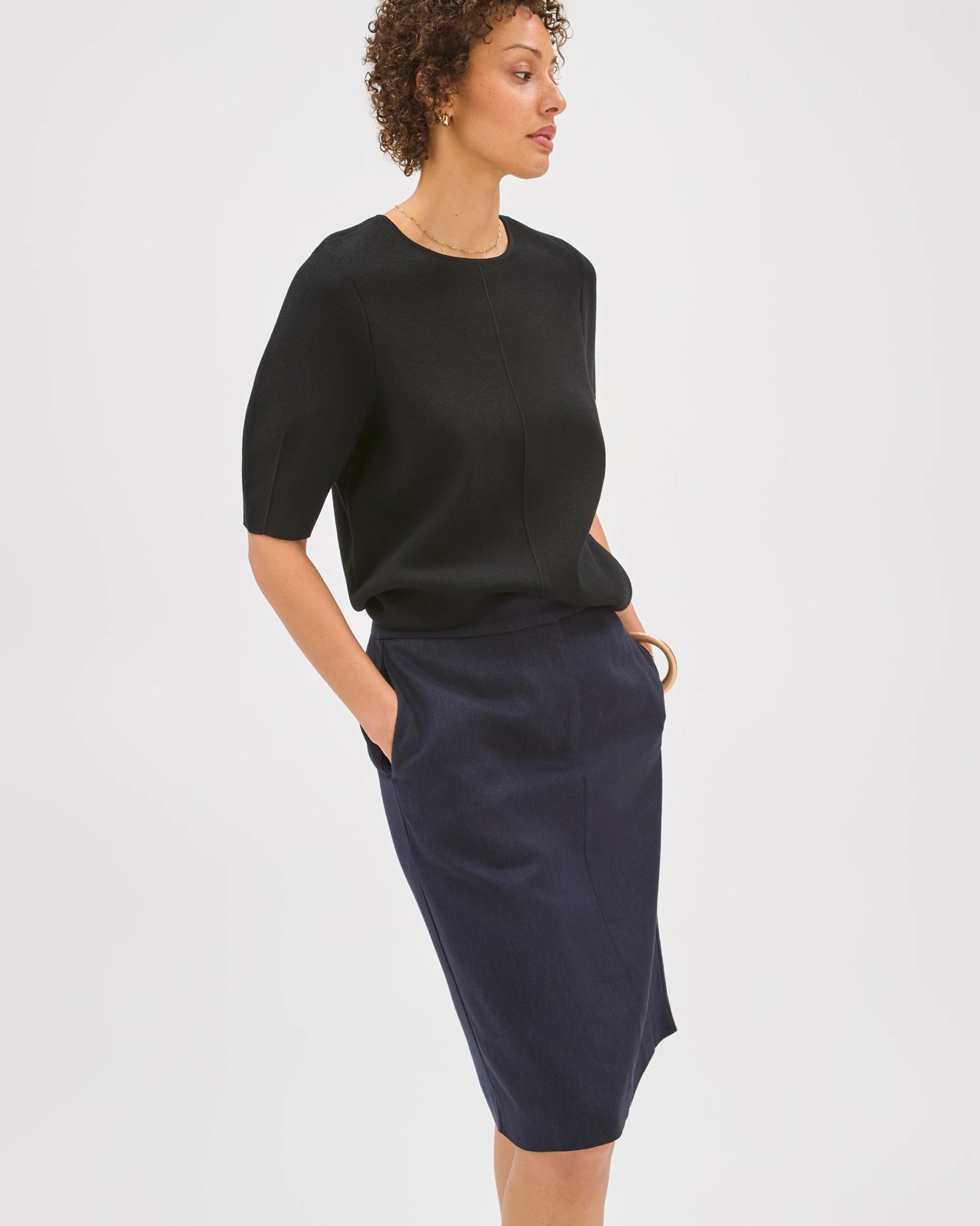 Preview Linen Blend Tailored Pencil Skirt - Ink Navy 3 of 6