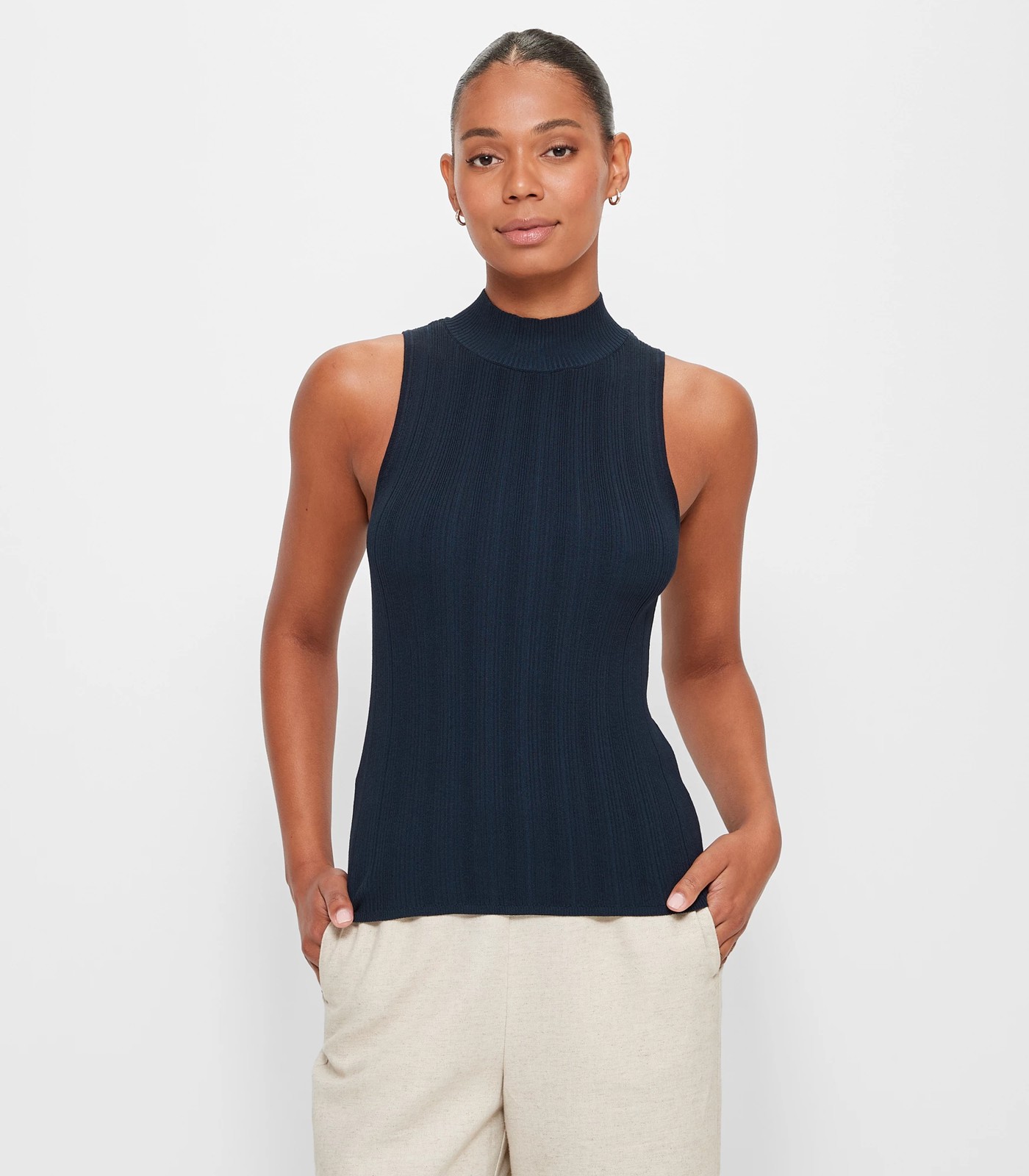 Sleeveless Mock Neck Variegated Knit Top - Preview - Navy Blue