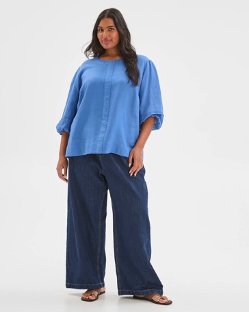 Plus Size European Linen Balloon Sleeve Blouse