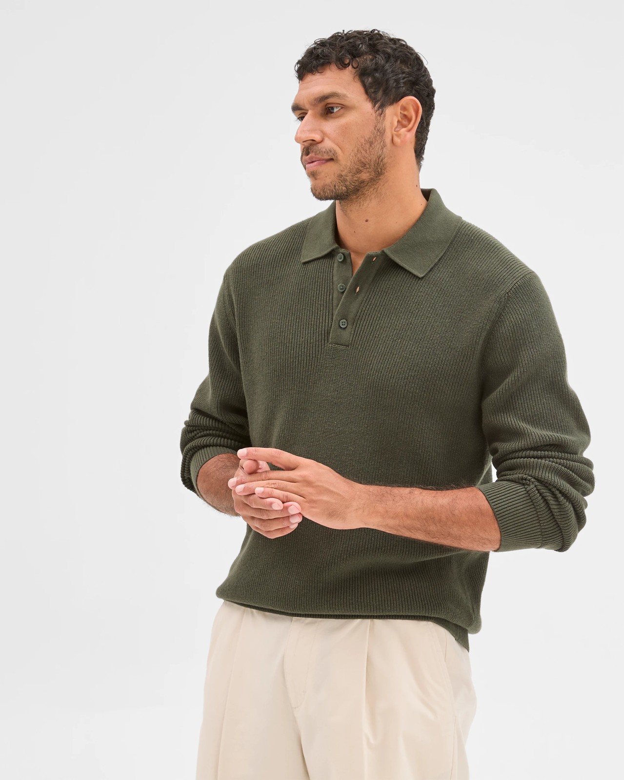 Australian Cotton Lightweight Long Sleeve Polo Neck Knit Sweater - Khaki 4 of 6