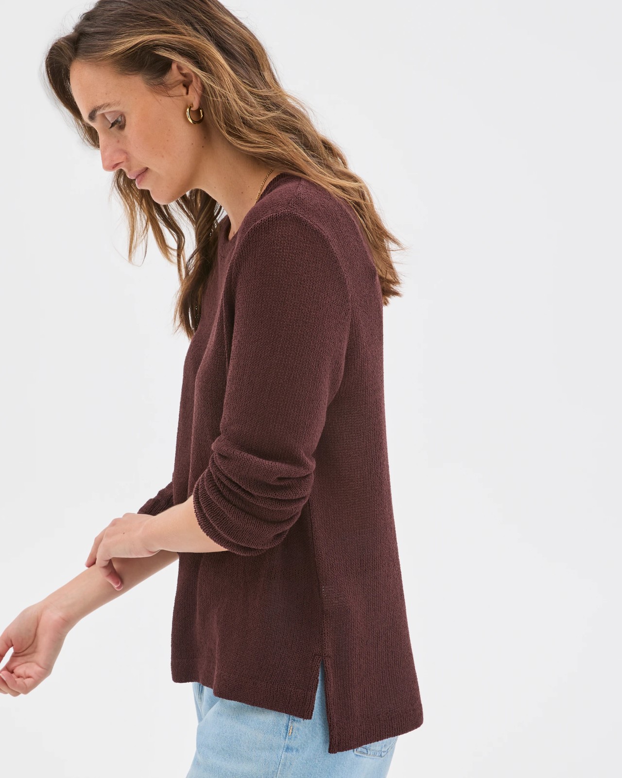 Australian Cotton Blend Long Sleeve Step Hem Textured Knit Top - Chocolate Plum 4 of 5