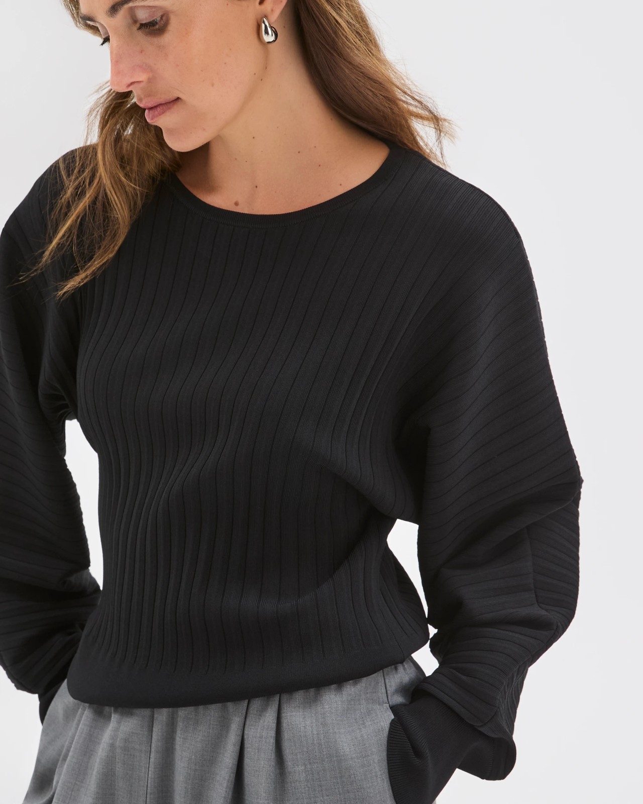 Preview Long Dolman Sleeve Crepe Knit Jumper - Black 5 of 6
