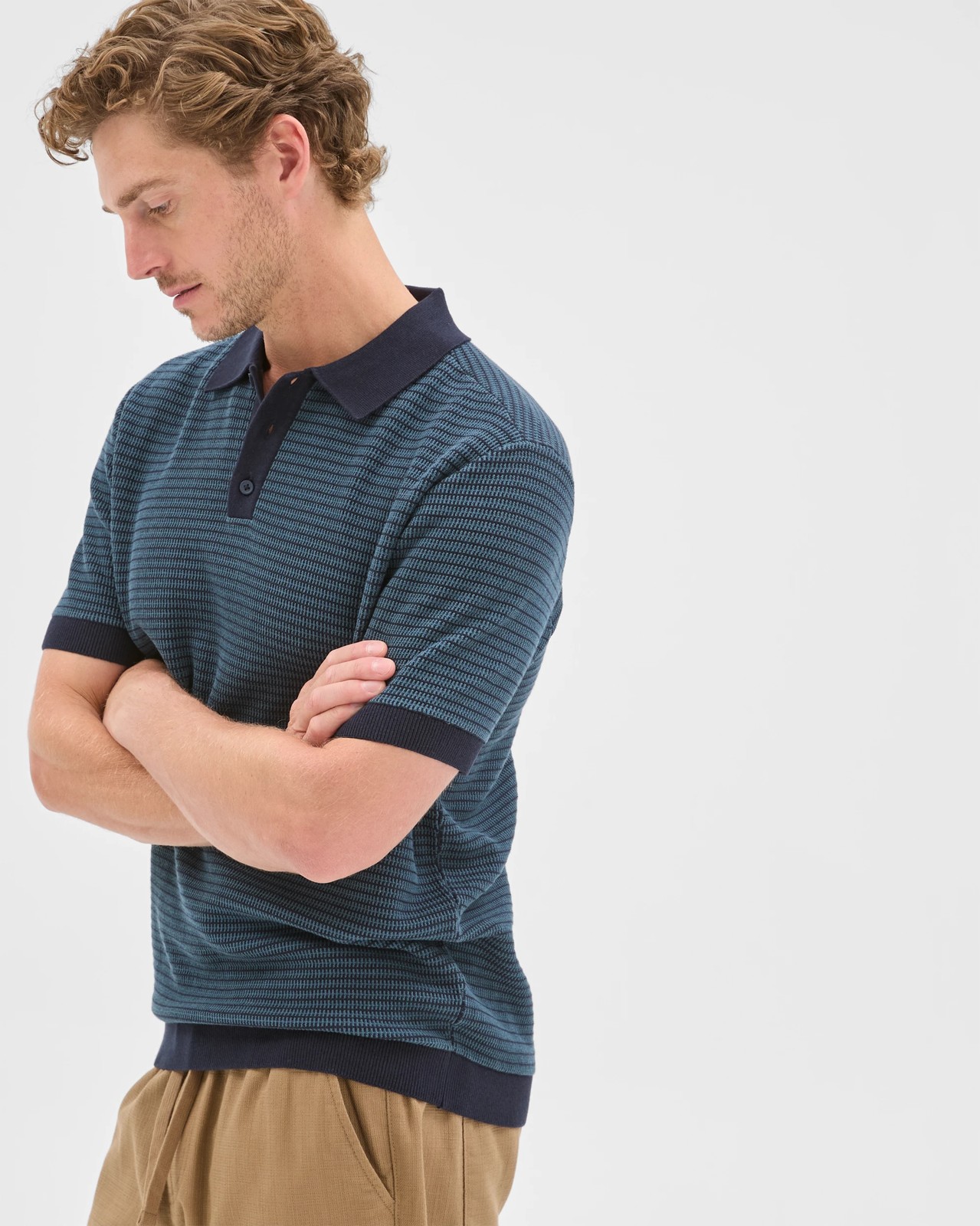 Australian Cotton Tonal Knit Polo Top - Navy 4 of 5