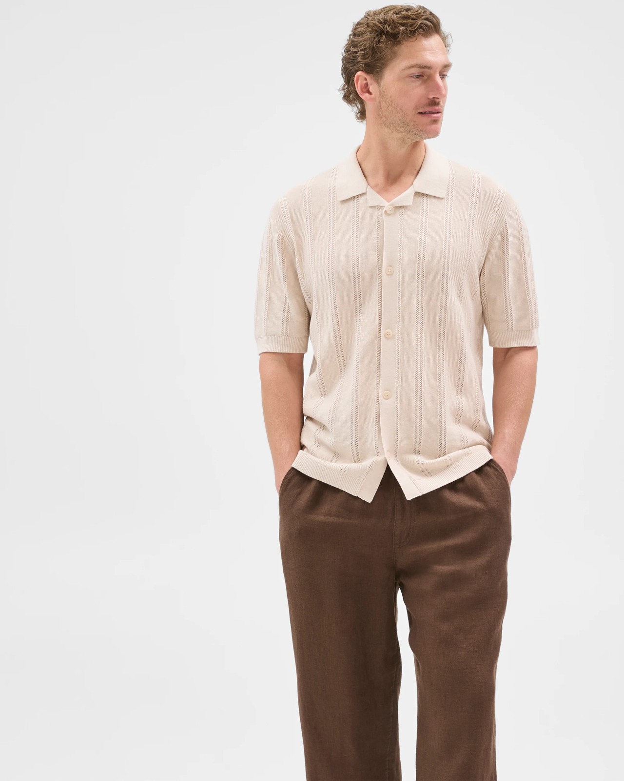 Australian Cotton Short Sleeve Textured Stripe Knit Shirt - Birch Marle 2 of 5