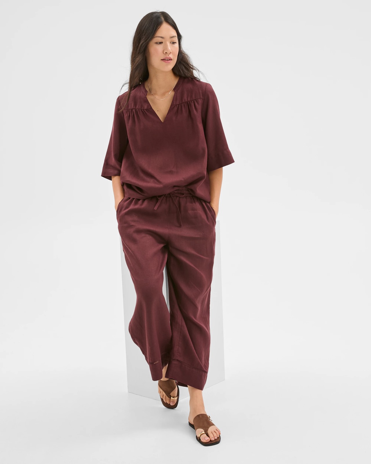 Resort European Linen Trim Crop Pants - Chocolate Plum 3 of 6