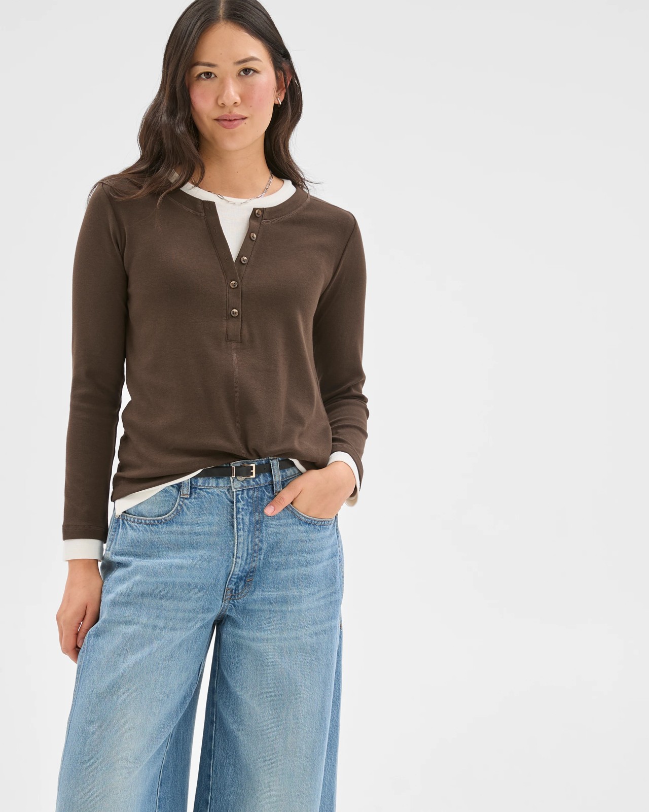 Soft Touch Henley Double Layer T-Shirt - Coffee Bean/Pearl 5 of 5