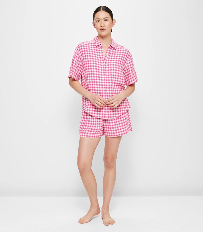 Linen Blend Short Sleeve Pyjama Set - Pink Gingham