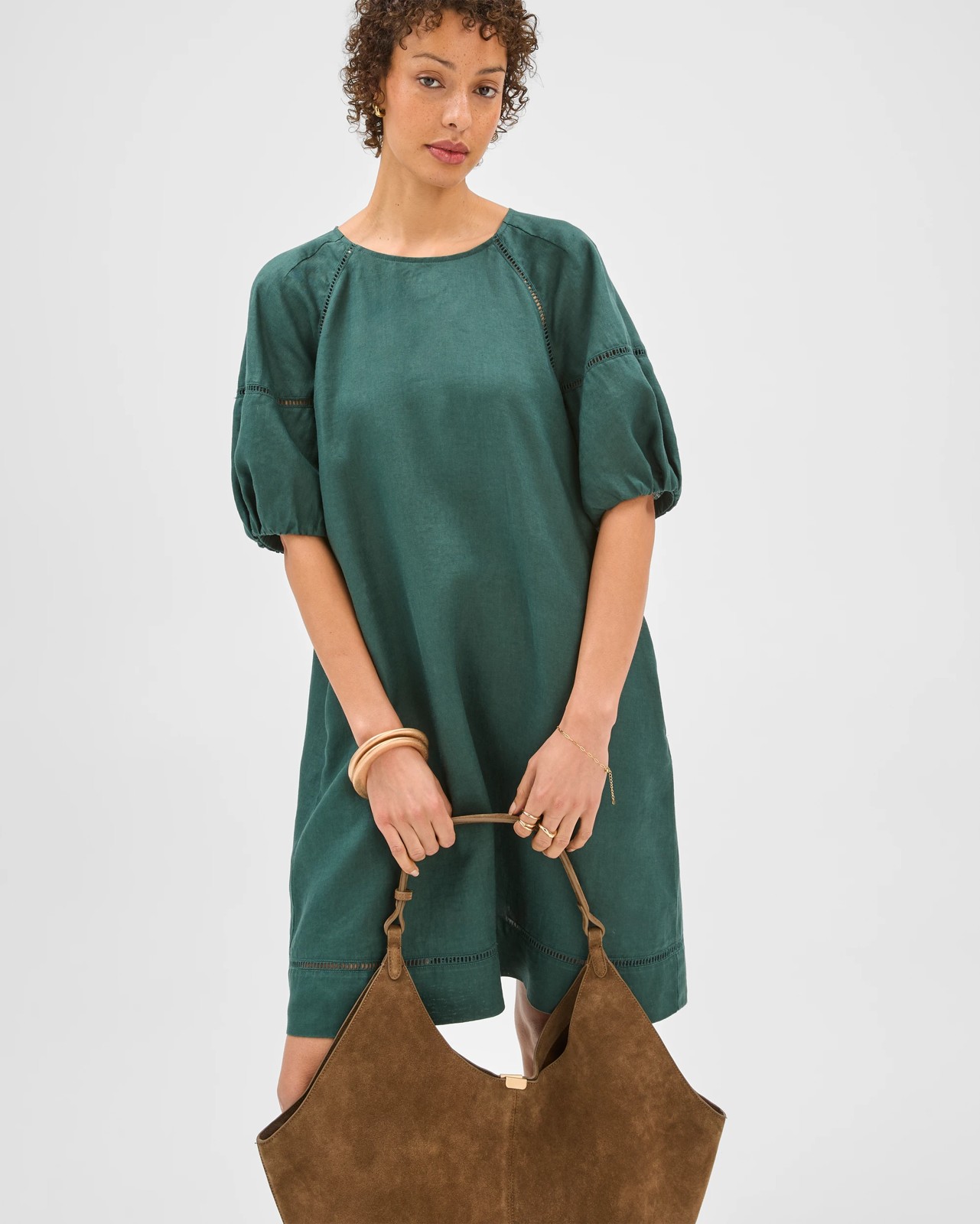 European Linen Trim Detail Mini Dress - Deep Green 3 of 5