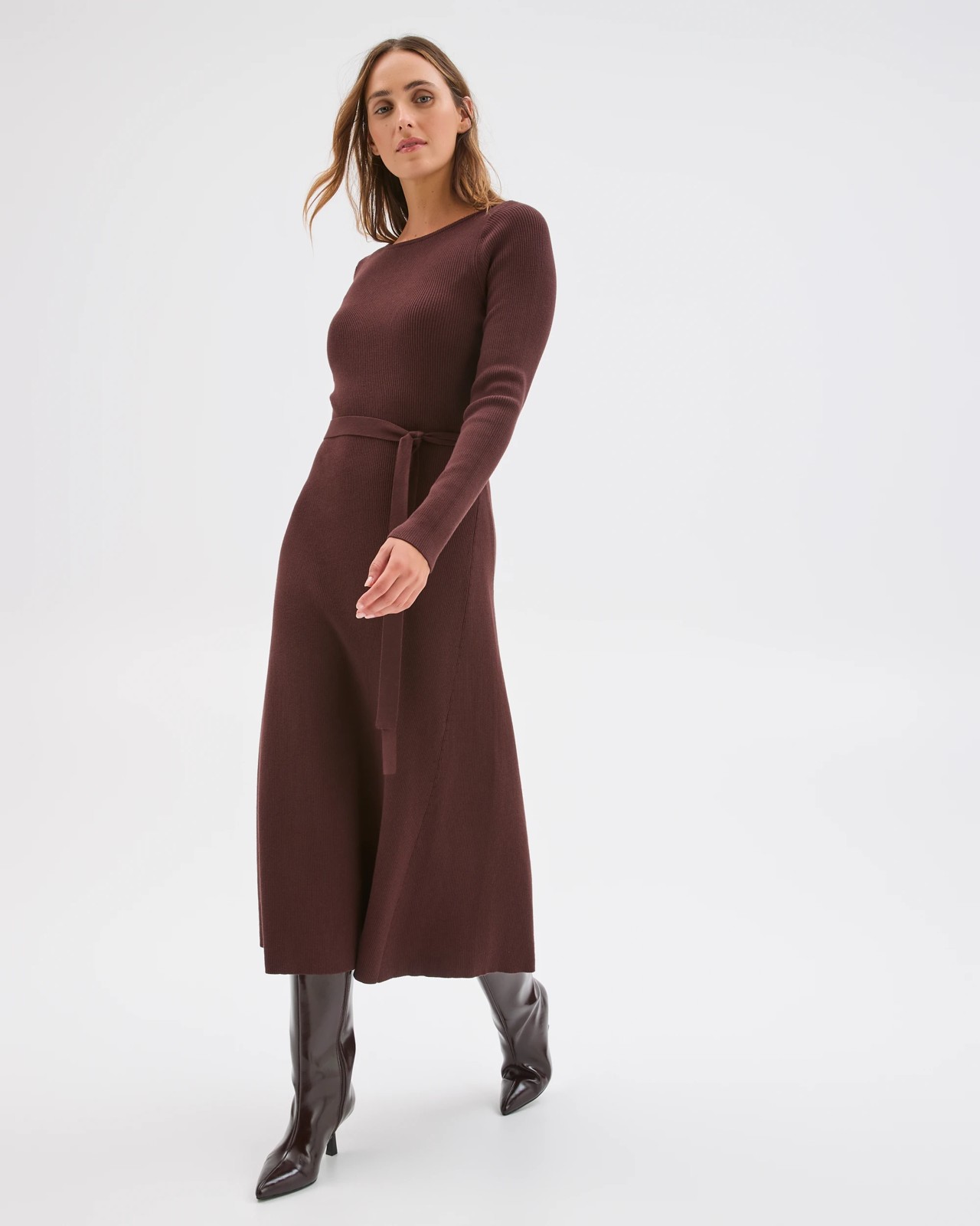 Preview Australian Cotton Blend Long Sleeve Knit Midi Dress - Dark Chocolate 2 of 5