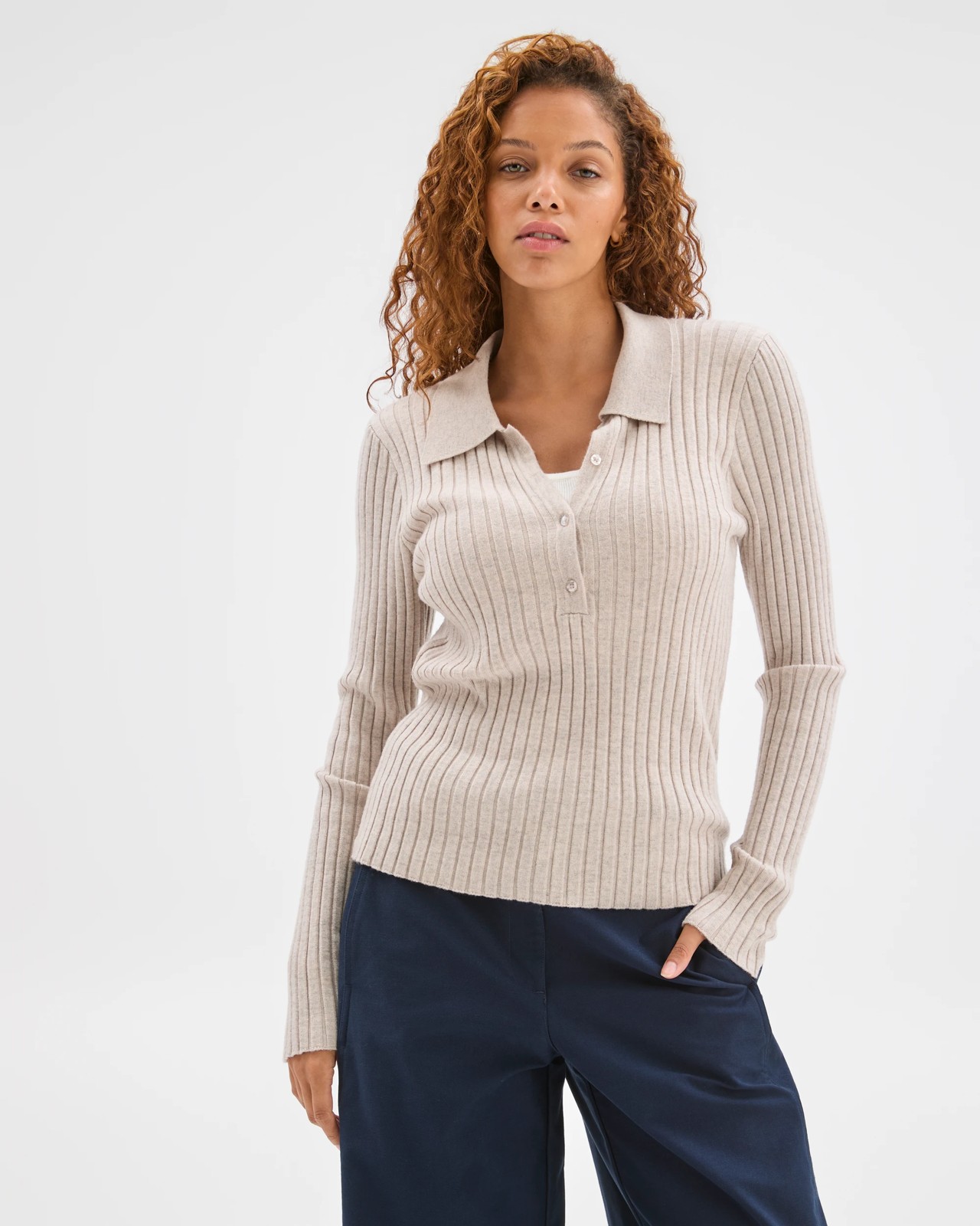 Fine Knit Double Layer Polo Sweater - Birch Marle 2 of 6
