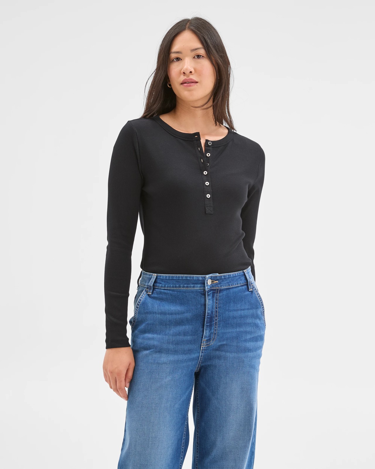Australian Cotton Long Sleeve Rib Henley T-Shirt - Black 2 of 5