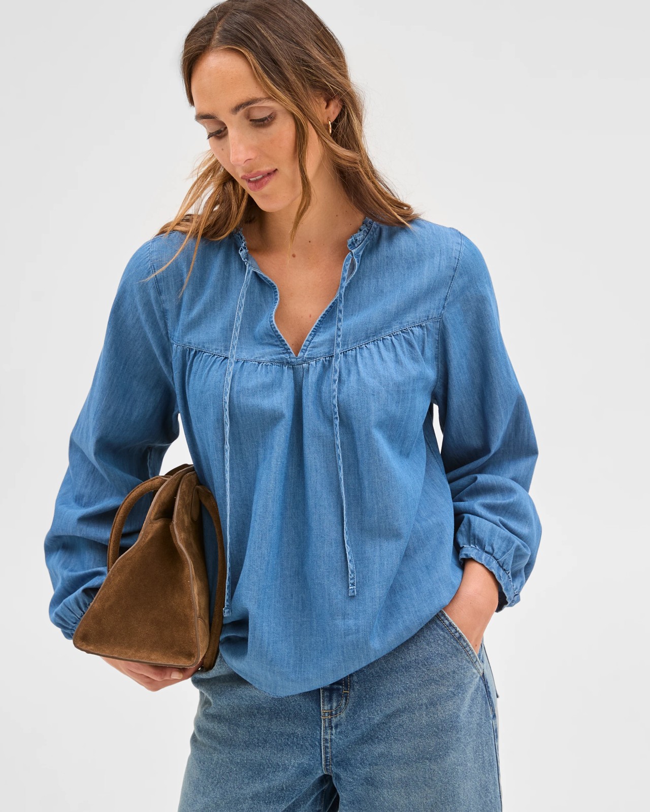 Long Sleeve Chambray Frill Blouse 3 of 5