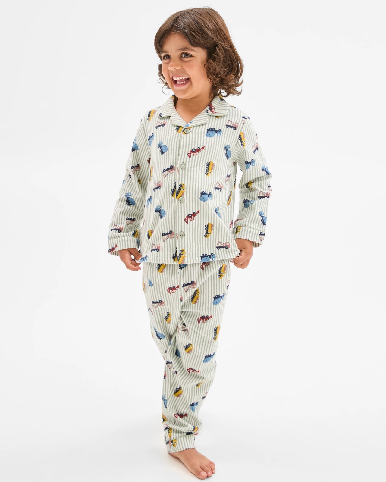 Younger Boys Australian Cotton Long Sleeve Top & Long Length Pants Flannel Pyjama Set - Construction Truck 3 of 5