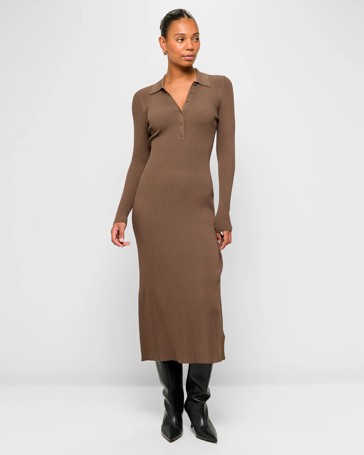 Long Sleeve Polo Rib Knit Dress - Preview