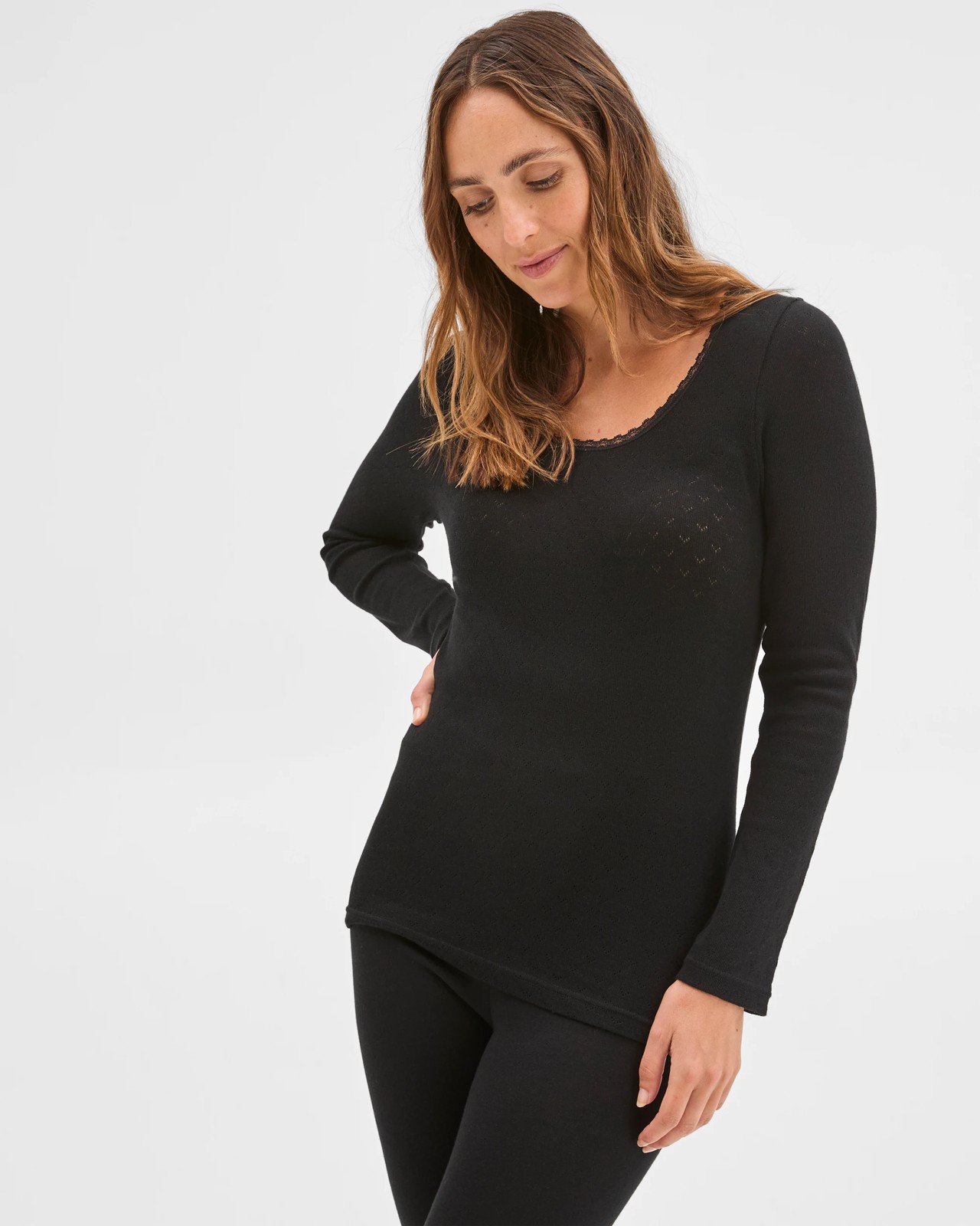 Long Sleeve Pointelle Thermal Top - Black 2 of 5
