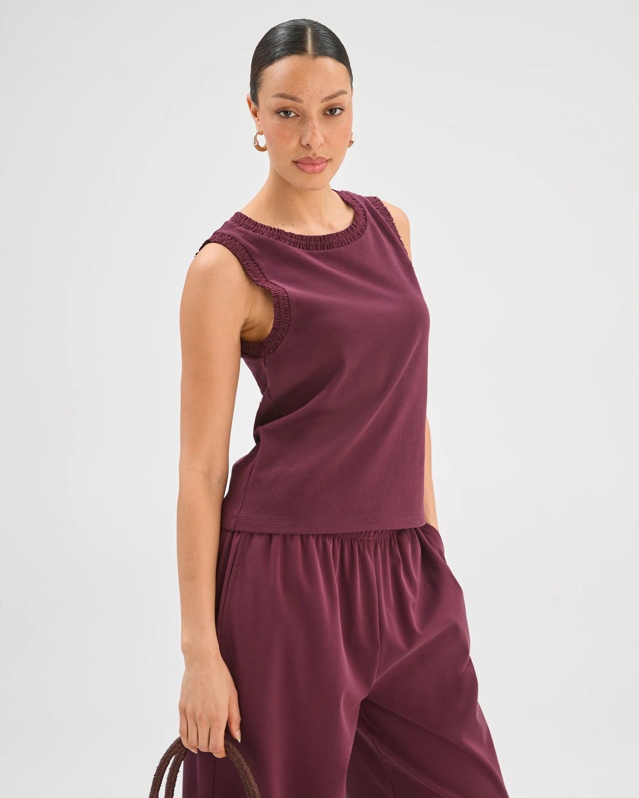 Australian Cotton Gathered Trim Tank Top - Merlot 4 of 5