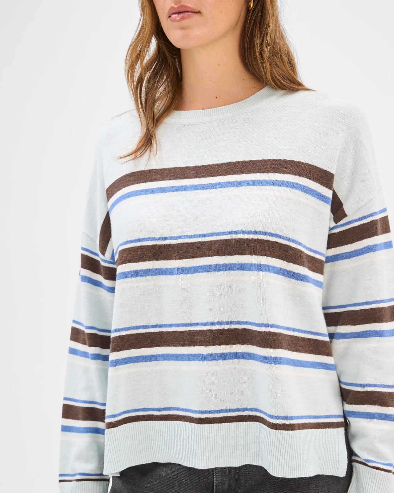 Australian Cotton Blend Long Sleeve Knit Jumper - Coffee Stripe 5 of 5