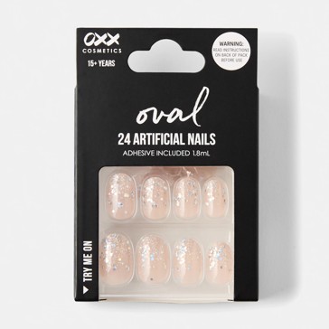 24 Pack Artificial Nails with Adhesive, Oval Shape, Chunky Glitter Tip - OXX Cosmetics