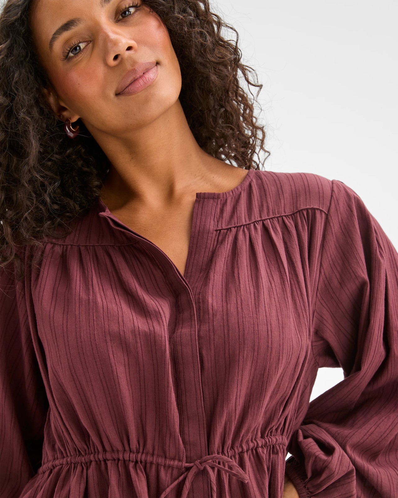 Short Sleeve Tie Waist Blouse - Burgundy 5 of 6