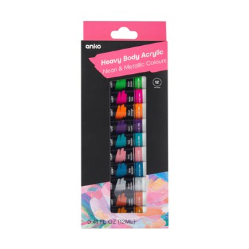 12 Pack Heavy Body Acrylic Colours, Neon and Metallic - Anko