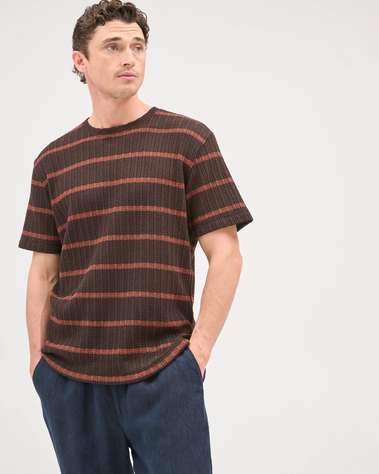Australian Cotton Blend Pointelle Stripe T-Shirt - Chocolate 5 of 6