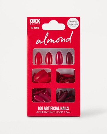 OXX Beauty 100 Pack Artificial Nails with Adhesive - Almond Shape - Red