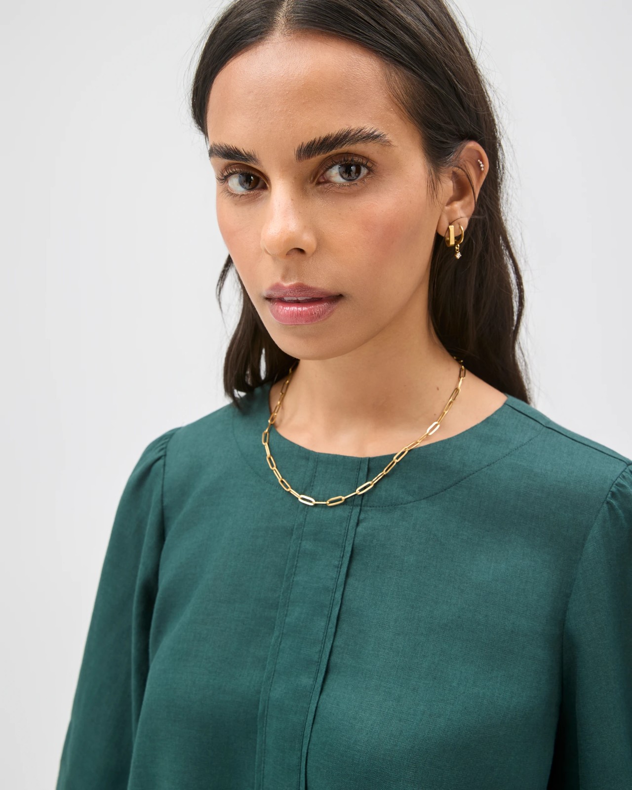European Linen 3/4 Sleeve Femme Popover Blouse - Deep Forest 4 of 6
