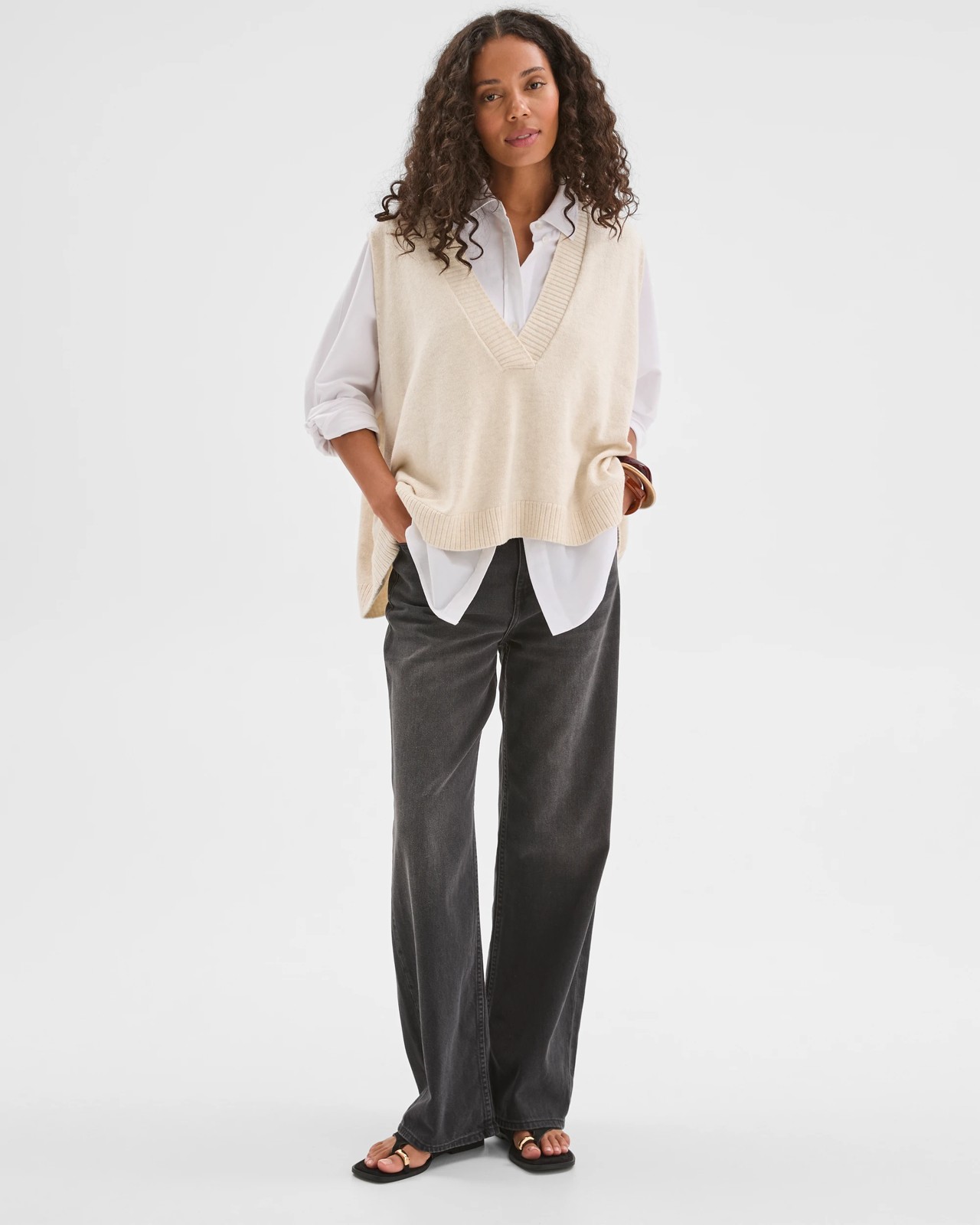 Australian Cotton Blend Deep V-Neck Oversized Knit Vest - Cream Marle 4 of 5