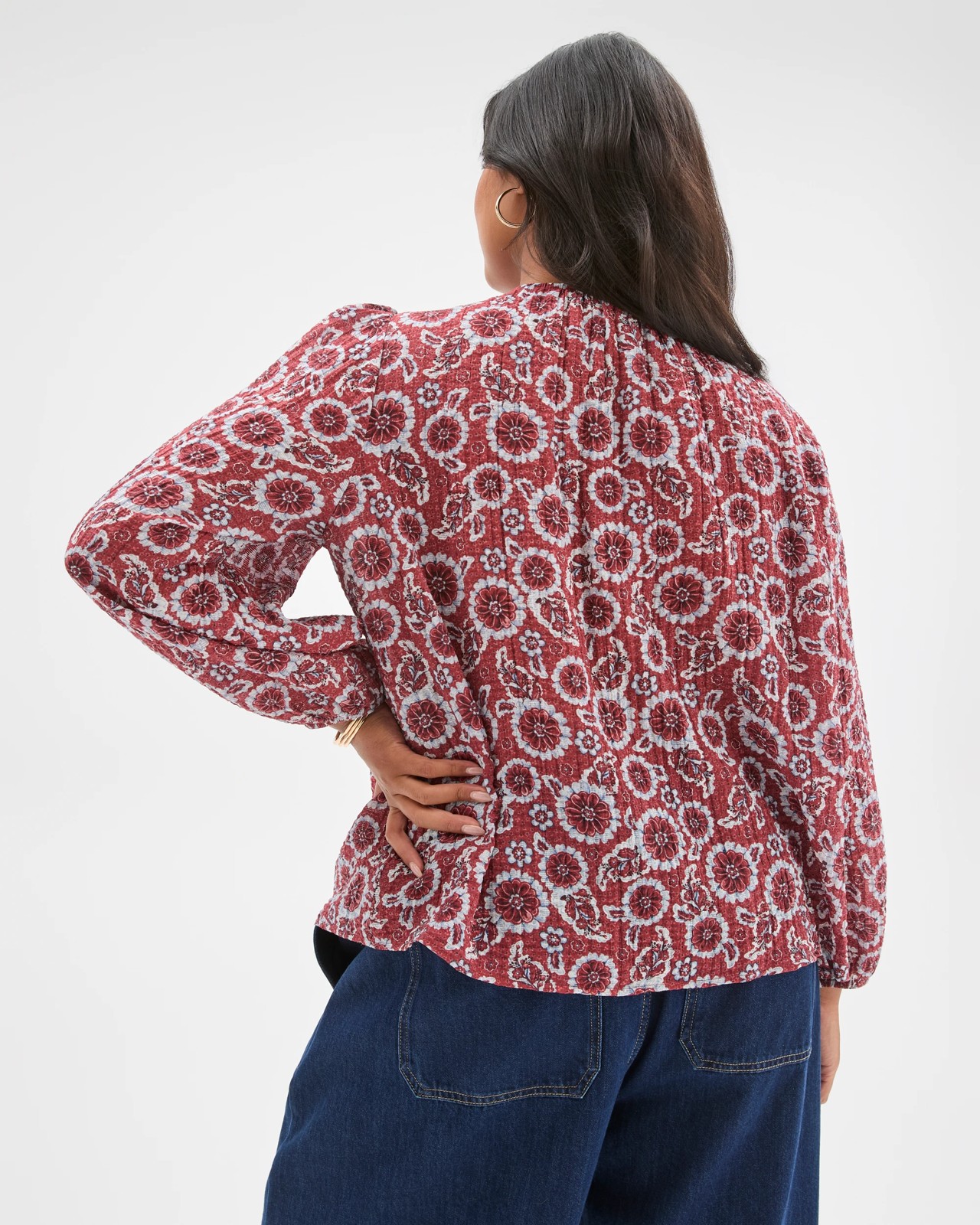 Plus Size Long Sleeve Printed Gather Detail Blouse 5 of 6