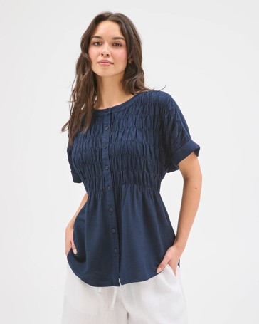 Short Sleeve Shirred Button Through Top