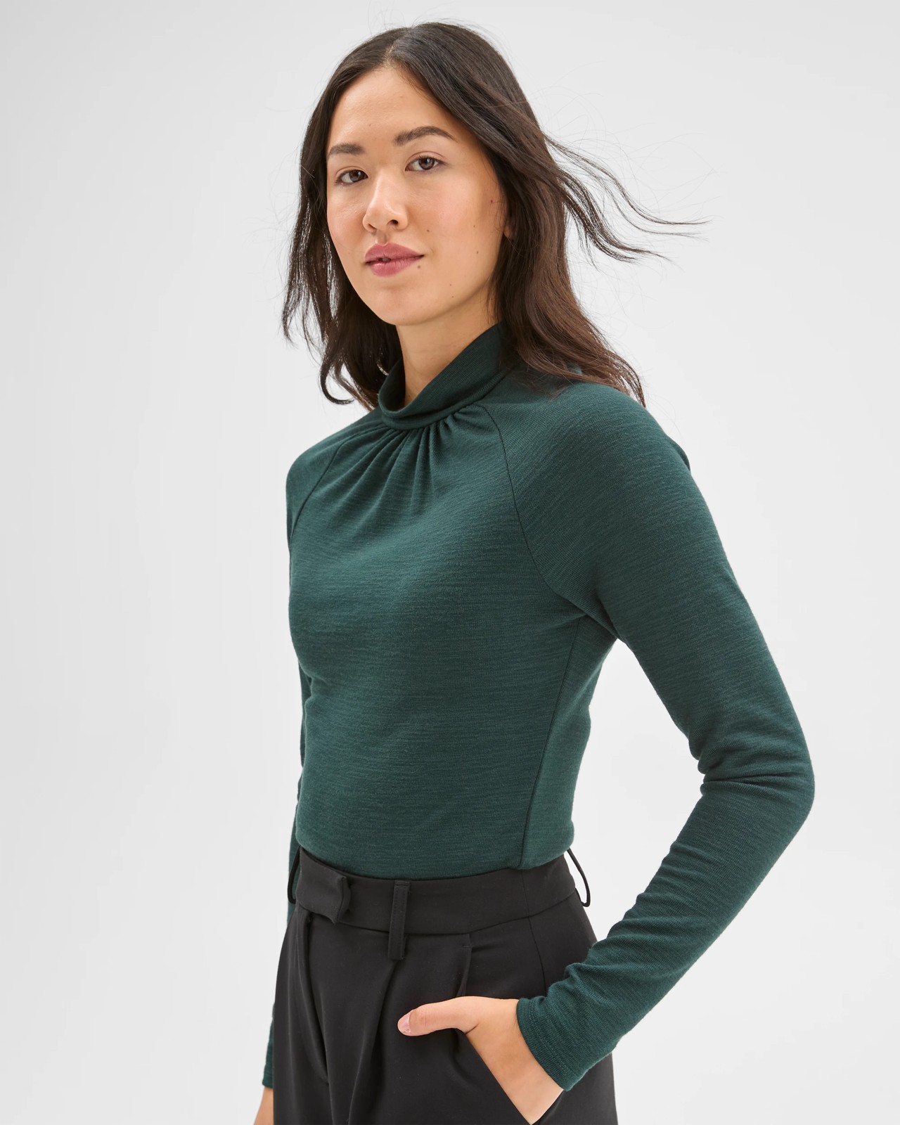 Preview Long Sleeve High Neck Drape Top - Mid Jade 4 of 6