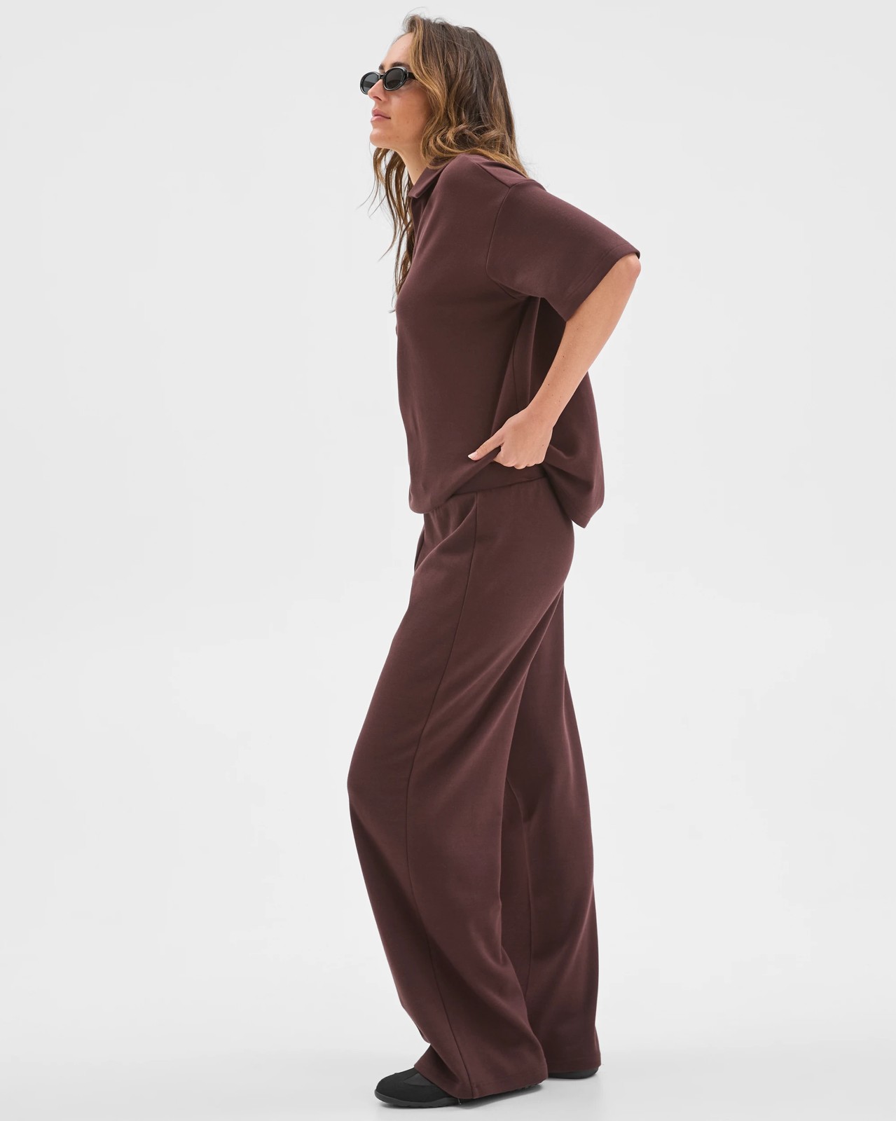 Australian Cotton Blend Wide Leg Interlock Pants - Chocolate Plum 2 of 5