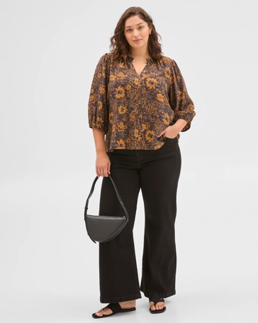 Plus Size Long Sleeve Print Gathered Blouse