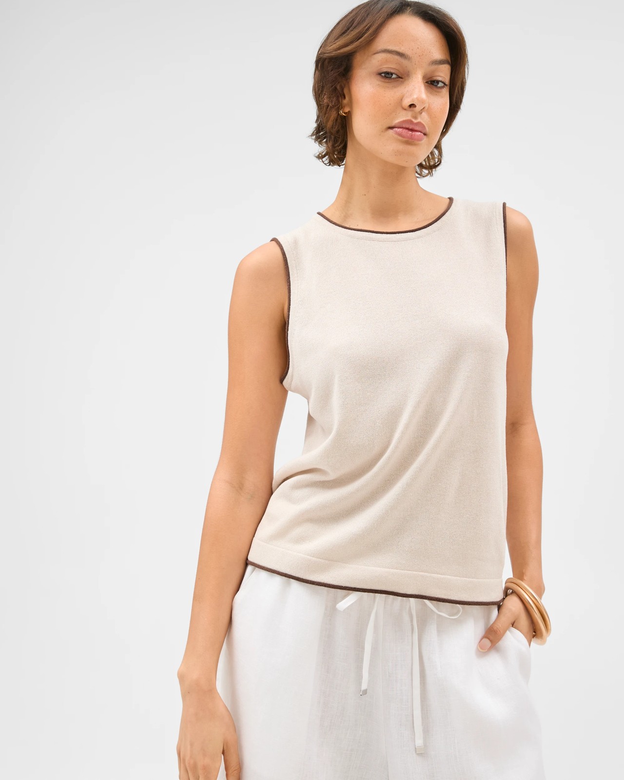 Contrast Trim Knit Tank Top - Pumice Coffee 3 of 6