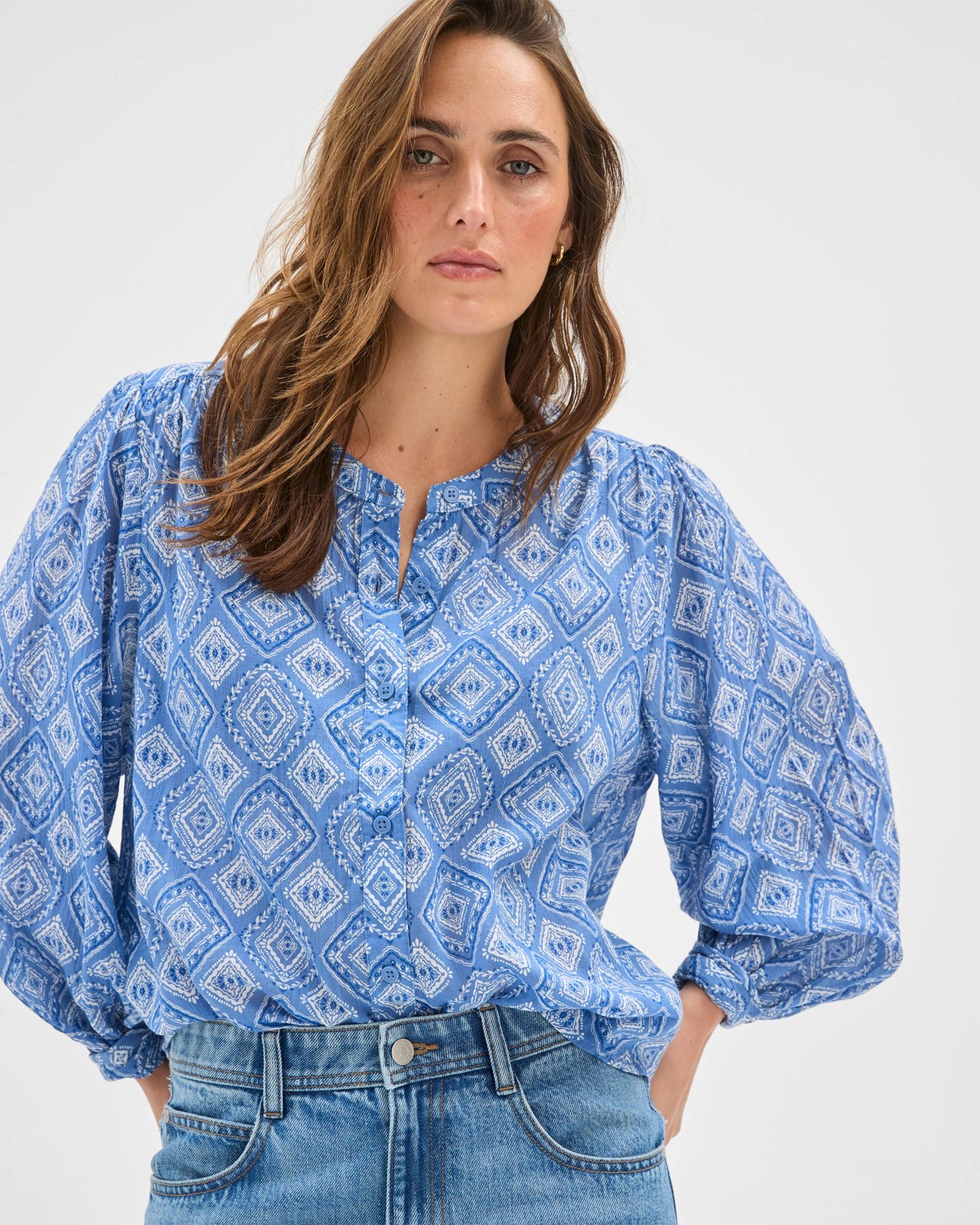 3/4 Sleeve Femme Print Blouse - Geo Print 3 of 5