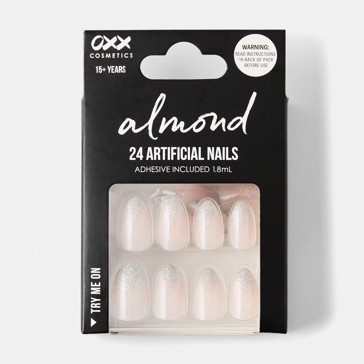 24 Pack Artificial Nails with Adhesive, Almond Shape, Glitter Tip - OXX Cosmetics