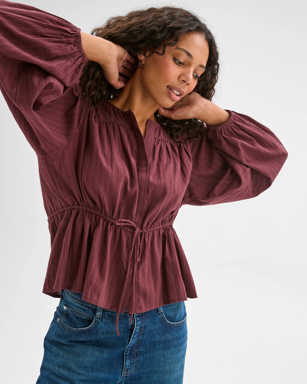 Short Sleeve Tie Waist Blouse - Burgundy 4 of 6