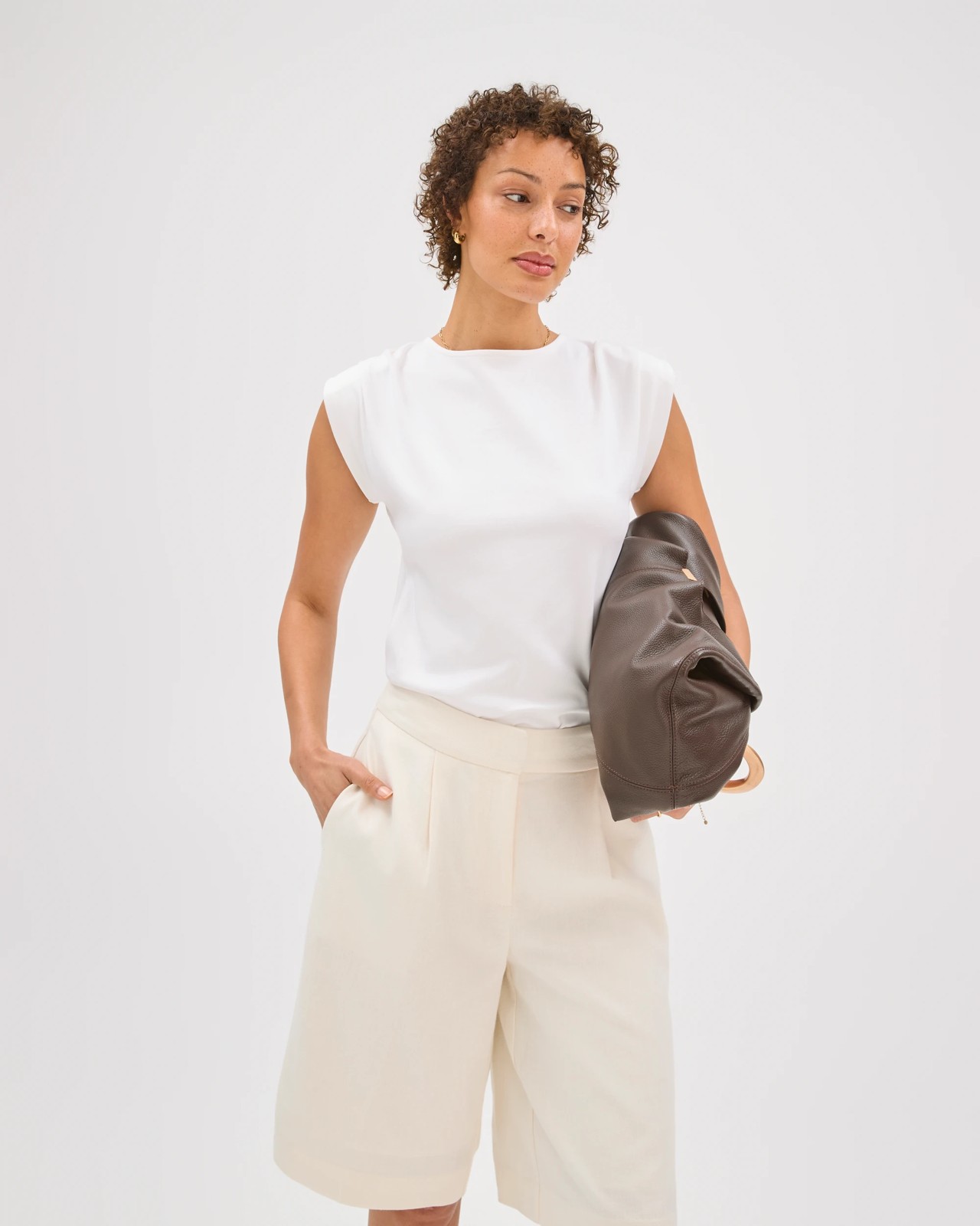 Preview Australian Cotton Sleeveless Shoulder Pad Tuck Detail Top - Cloud Dancer 3 of 6