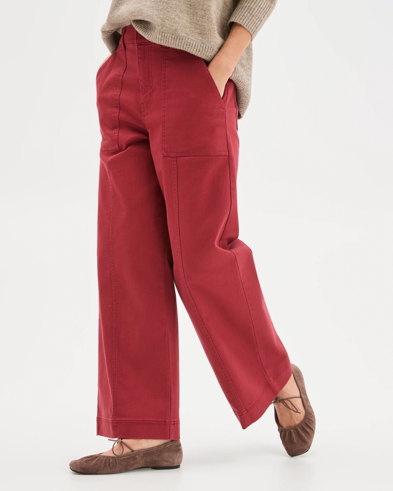 Australian Cotton Blend Stretch Twill Wide Leg Pants - Burnt Crimson 6 of 6