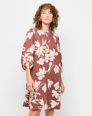 European Linen Puff Sleeve Mini Dress